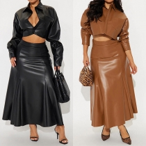 Fashion Artificial Leather PU Two-piece Set Consist of Crop Jacket and Maxi Skirt