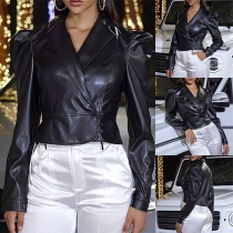 Fashion Notch Lapel Long Sleeve Side Button Artificial Leather PU Crop Jacket