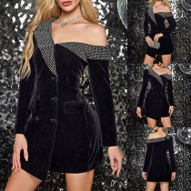 Fashion Bling-bling Rhinestone Notch Lapel Long Sleeve Double-breasted Blazer