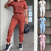 Street Fashion Solid Color Stand Collar Short Sleeve Front Button Elastic Waist Jumpsuit