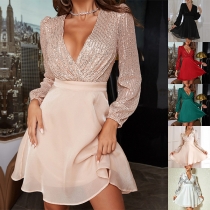 Fashion Sequin Spliced Chiffon V-neck Long Sleeve Mini Dress