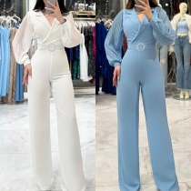 Fashion Notch Lapel Long Sleeve Wide-leg Jumpsuit