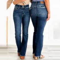 Fashion Button High-rise Frayed Hemline Old-washed Denim Jeans