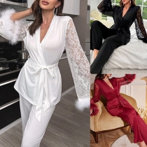 Fashion Comfy Loungewear Set Consist of Lace Spliced Robe and Pants