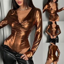 Sexy Bright Gold Color Draped V-neck Long Sleeve Bodysuit