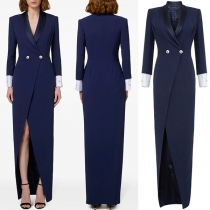 Vintage Elegant Lapel Long Sleeve Double-breasted Front Slit Longline Blazer