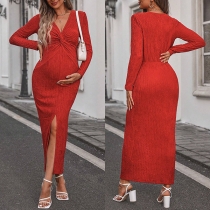 Fashion Knot V-neck Long Sleeve Front Slit Ribbed Maternity Dress
