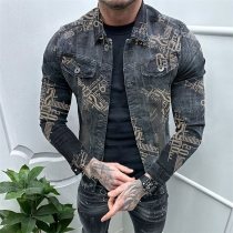 Street Fashion Printed Stand Collar Long Sleeve Old-washed Denim Jacket for Men