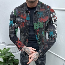 Street Fashion Letter Printed Old-washed Denim Jacket for Men