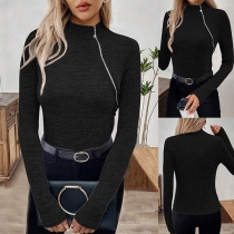 Fashion Side Zipper Mock Neck Long Sleeve Shirt