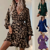 Fashion Leopard Print V-neck Long Sleeve Self-tie Mini Dress