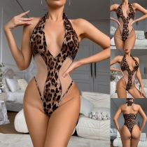Sexy Leopard Printed Gauze Spliced Halterneck Backless Lingerie Bodysuit