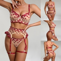 Sexy Floral Embroidery Semi-through Three-piece Lingerie Set