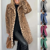 Fashion Leopard Printed Stand Collar Long Sleeve Plush Jacket