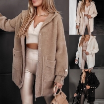 Fashion Solid Color Hooded Long Sleeve Drawstring Waist Duffle Jacket for Women