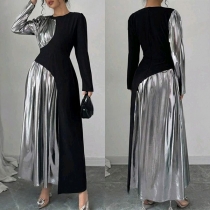 Fashion Contrast Color Crew Neck Long Sleeve Maxi Dress