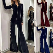 Street Fashion Side Star Pattern Half Zipper Long Sleeve Wide-leg Jumpsuit