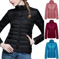 Fashion Solid Color Stand Collar Front Zipper Long Sleeve Quilted Down Coat for Women