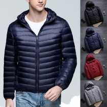 Fashion Solid Color Front Zipper Long Sleeve Hooded Quilted Down Coat for Men