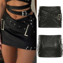 Punk Style Cross-Front Grommet Belt Mini Skirt