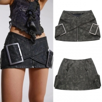 Street Fashion Buckle Front Cross Low-rise Mini Skirt