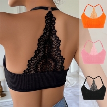 Fashion Lace Spliced Ribbed Halterneck Brassie