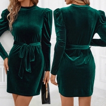 Fashion Mock Neck Puff Long Sleeve Self-tie Bodycon Dress