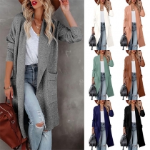 Fashion Solid Color Long Sleeve Side Patch Pockets Longline Cardigan