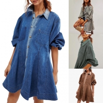 Street Fashion Stand Collar Lantern Long Sleeve Front Button Denim Shirt Dress