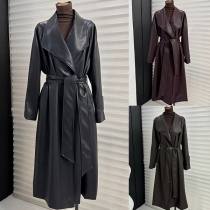 Street Fashion Lapel Long Sleeve Self-tie Artificial Leather PU Longline Jacket
