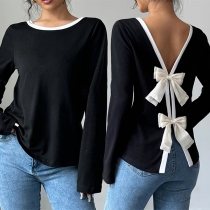 Fashion Contrast Color Back Bowknot Shirt