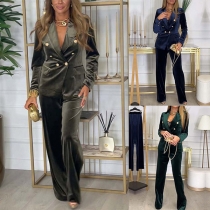 Elegant Two-piece Suit Set Consist of Double-breasted Blazer and Pants