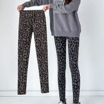 Fashion Leopard Printed Plushed Lined High-rise Leggings