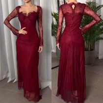 Sexy Lace Spliced Sweetheart Neck Long Sleeve Lace Maxi Dress