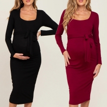 Sexy Solid Color Square Neck Long Sleeve Self-tie Maternity Dress