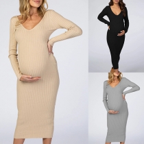 Sexy Solid Color V-neck Long Sleeve Ribbed Maternity Dress