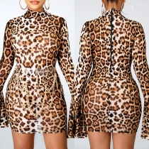 Sexy Leopard Printed Mock Neck Back Zipper Long Sleeve Bodycon Dress