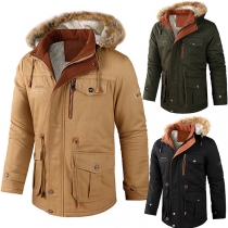 Fashion Plush Spliced Hooded Long Sleeve Drawstring Waist Warm Plush Lined Jacket for Men