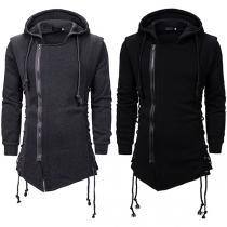 Fashion Side Zipper Lace-up Drawstring Hooded Plush Jacket for Men