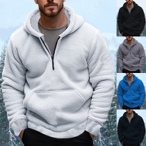 Fashion Half-zipper Long Sleeve Kangaroo Pocket Hooded Plush Sweatshirt for Men