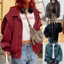 Street Fashion Stand Collar Long Sleeve Loose Artificial Leather PU Jacket for Women