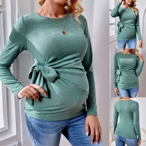 Fashion Solid Color Crew Neck Long Sleeve Wrap Maternity Shirt