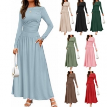 Fashion Solid Color Crew Neck Long Sleeve Maxi Dress