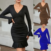 Sexy Solid Color V-neck Long Sleeve Ruched Ruffle Hemline Bodycon Dress