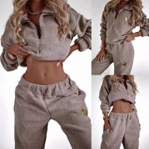 Fashion Plush Sporty Two-piece Set Consist of Crop Sweatshirt and Sweatpants