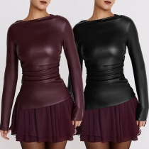 Fashion Solid Color Crew Neck Long Sleeve Side Slit Irregular Hemline Ruched Artificial Leather PU Shirt