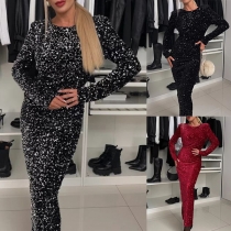 Sexy Bling-bling Sequined Crew Neck Long Sleeve Backless Bowknot Bodycon Maxi Dress