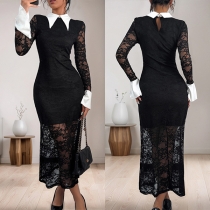 Sexy Contrast Color Polo-neck Long Sleeve Lace Dress