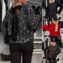 Fashion Bling-bling Sequin Crew Neck Long Sleeve Back Bowknot Shirt