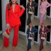 Fashion Solid Color Two-piece Suit Set Consist of Lapel Blazer and Straight-cut Pants